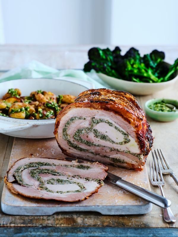 Wild garlic porchetta with smashed potatoes & wild garlic pesto